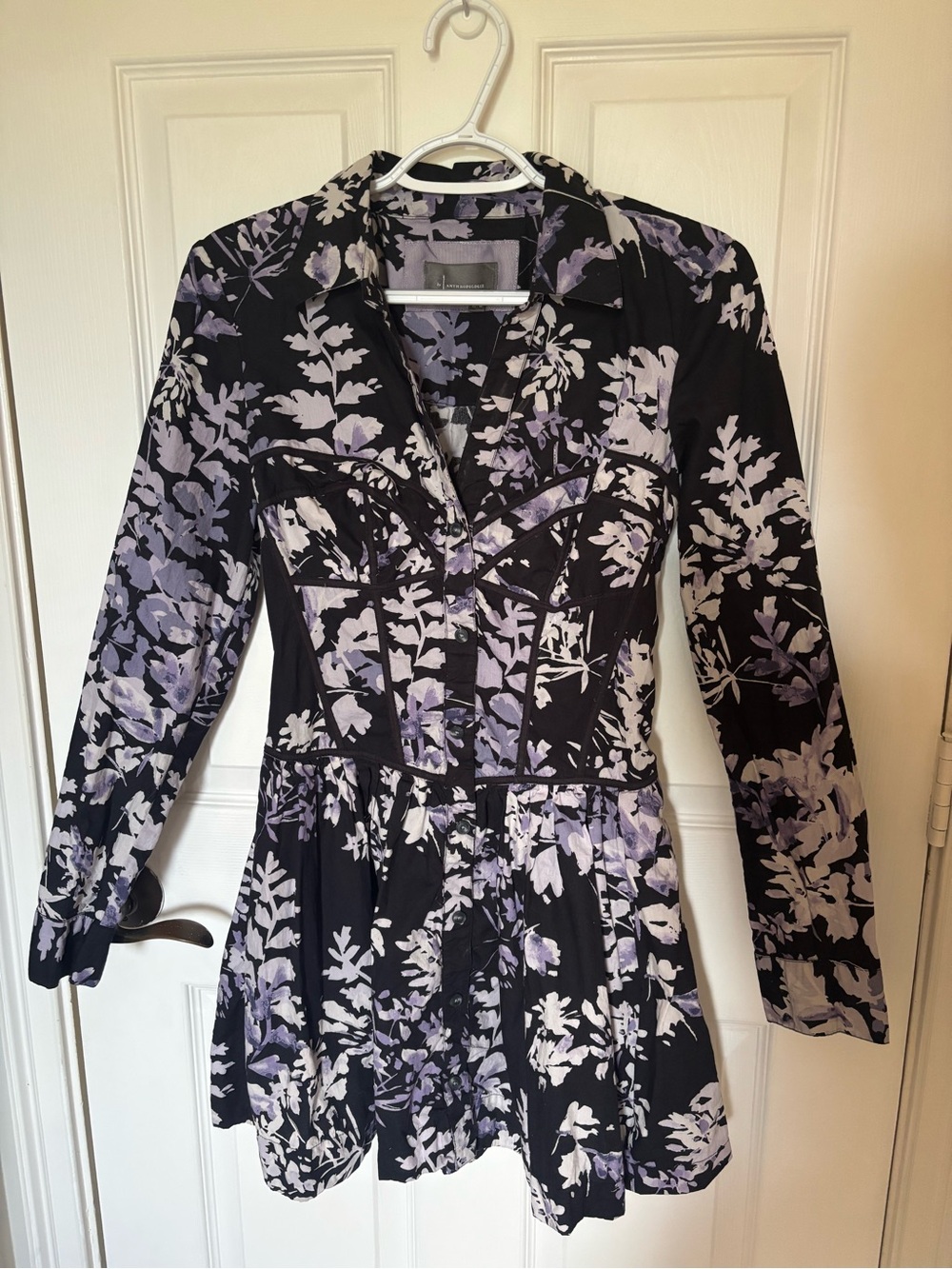 By Anthropologie Purple Floral Corset Collared Shirt Dress Size 8 - Picture 5 of 10